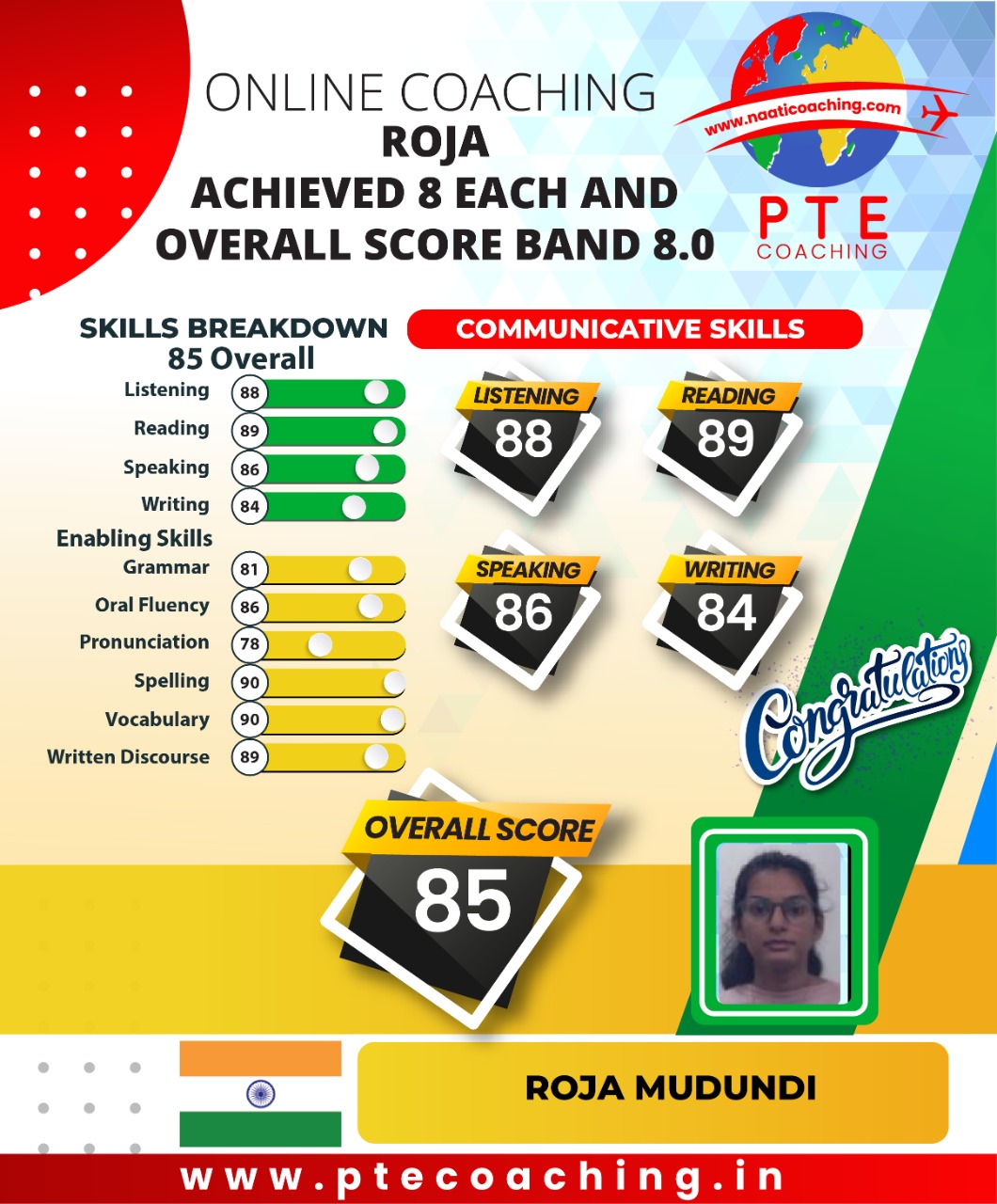 PTE Coaching Scorecard - Roja achieved achieved 8 and overall score band 8.0