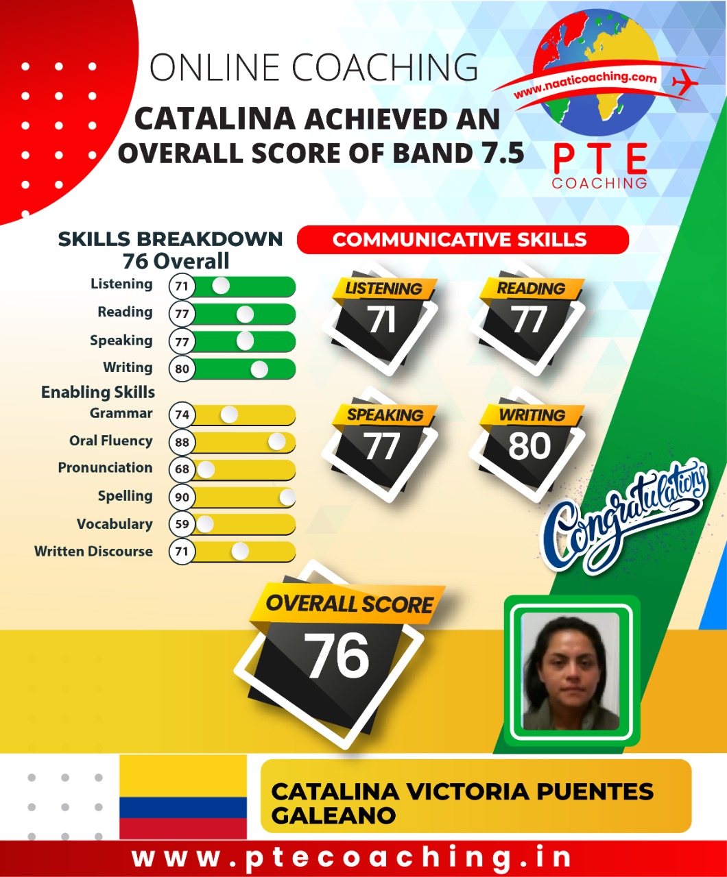 PTE Coaching Scorecard - Catalina achieved an overall score of band 7.5