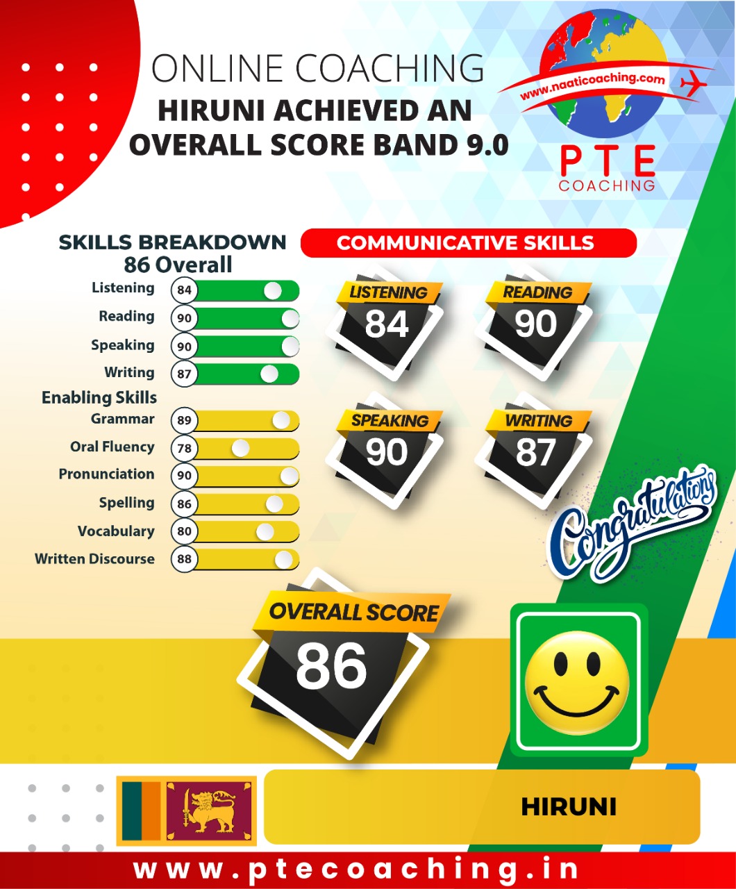 PTE Coaching Scorecard - Hiruni achieved an overall score band 9.0